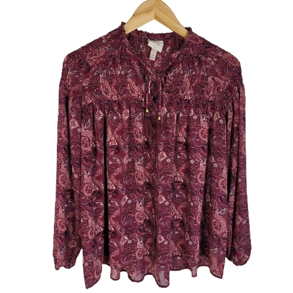 Knox Rose burgundy boho smocked chiffon peasant top